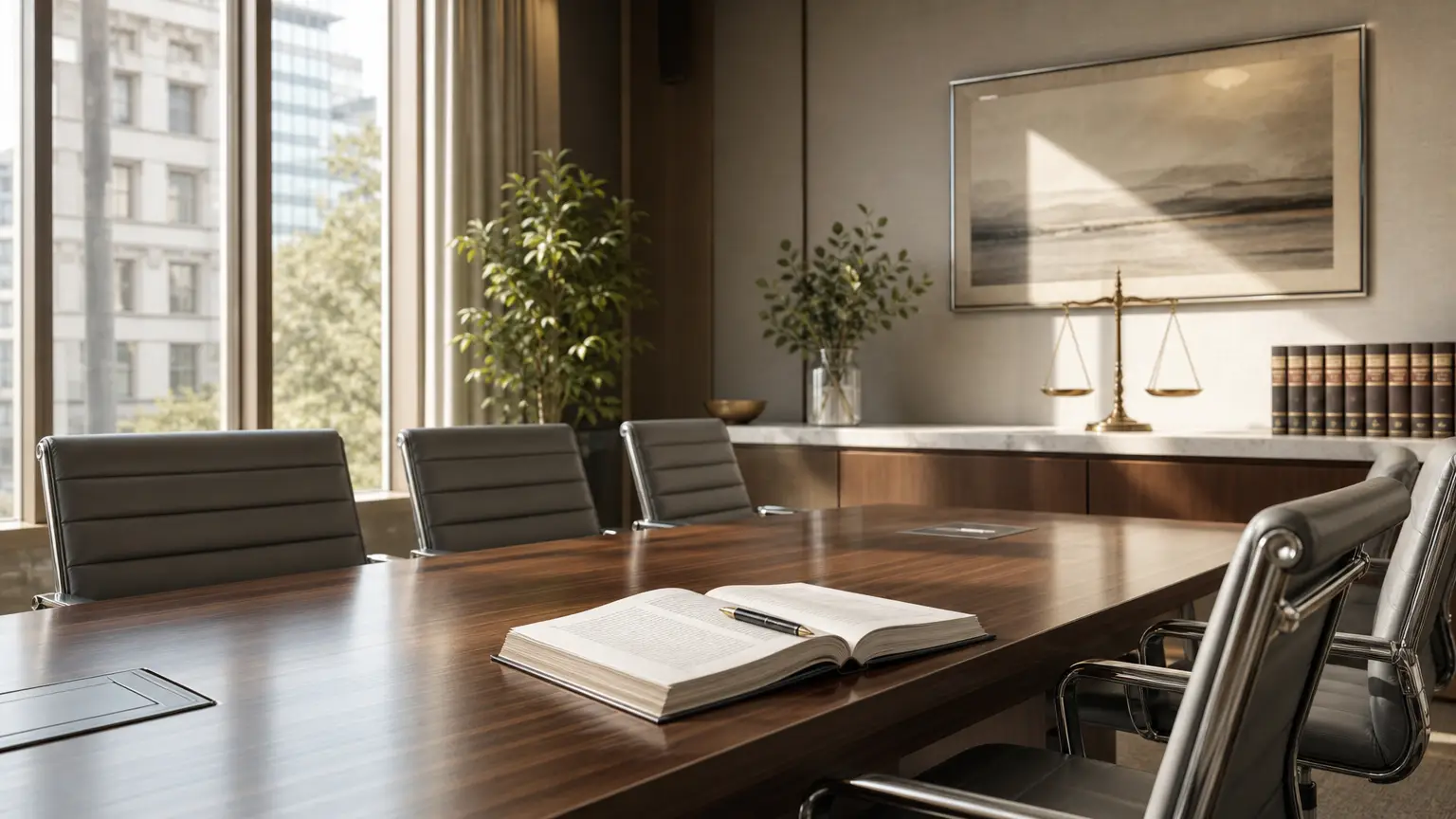 spacious law office conference room with polished table and legal documents, representing car accident attorney services