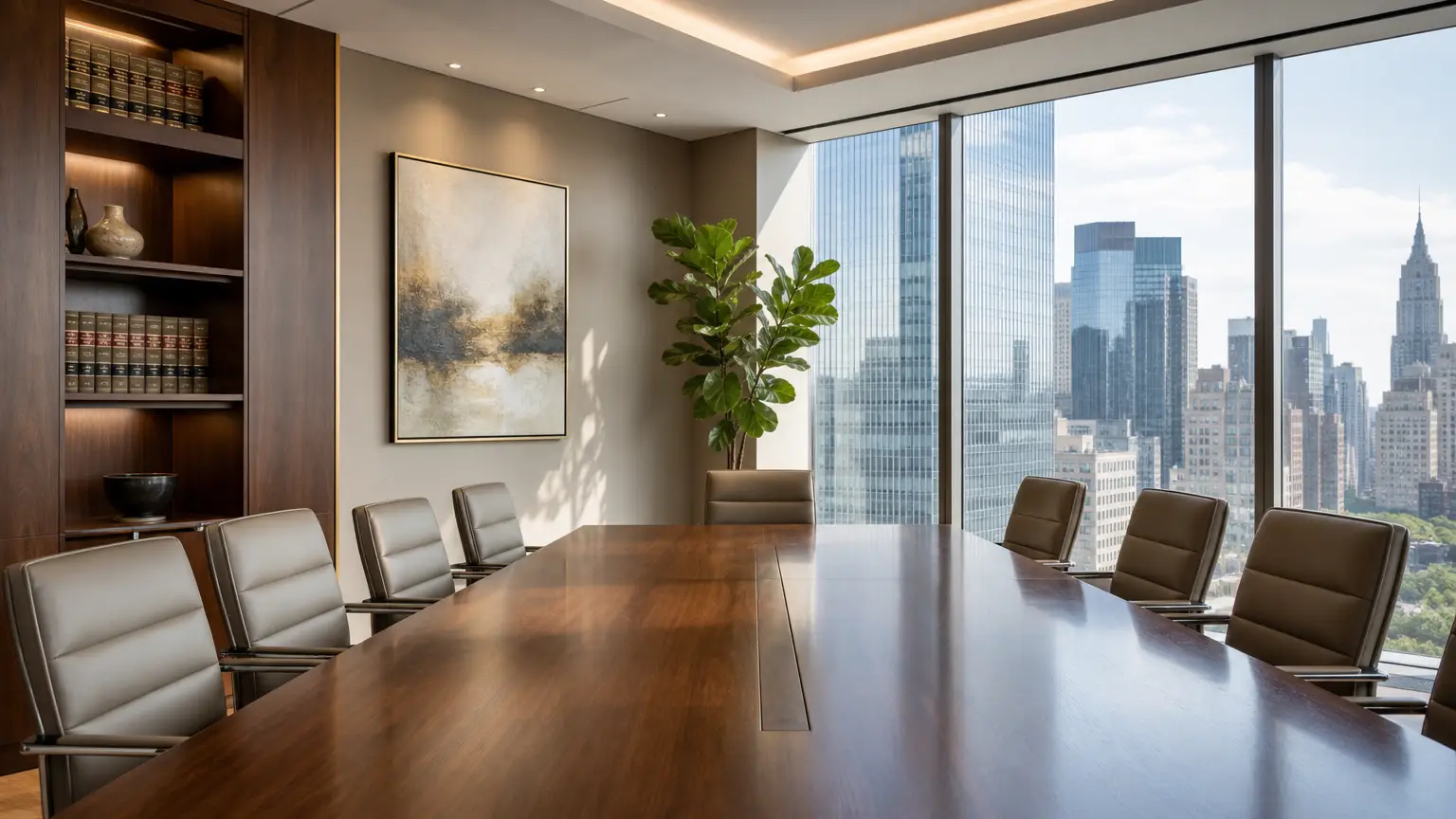 Contemporary law firm conference room with wood table and city view, representing legal services for child custody