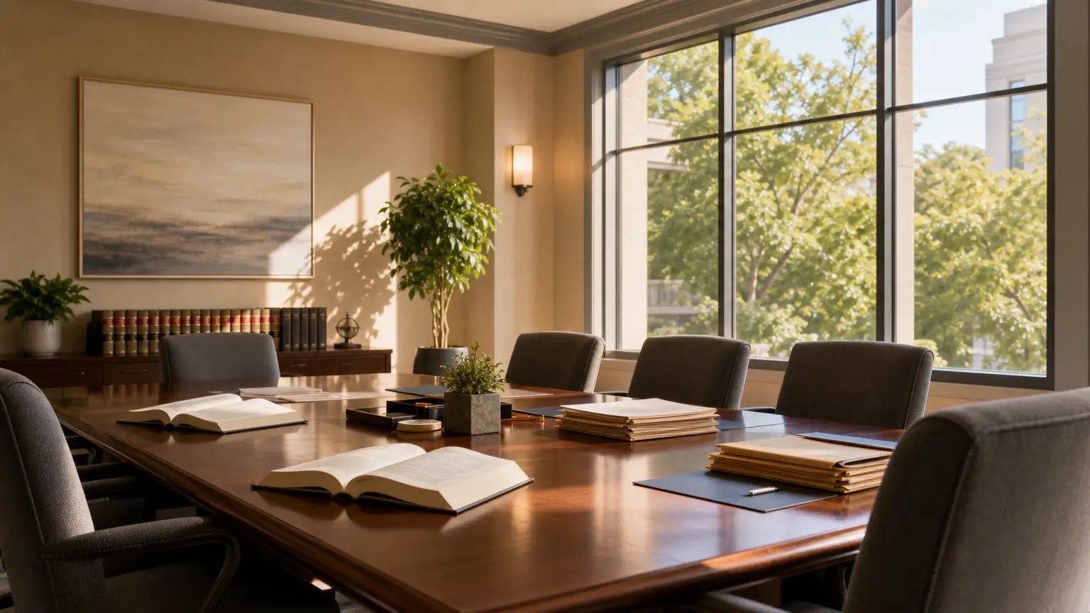 Modern law office conference room with polished wood table and organized case files for child support legal services
