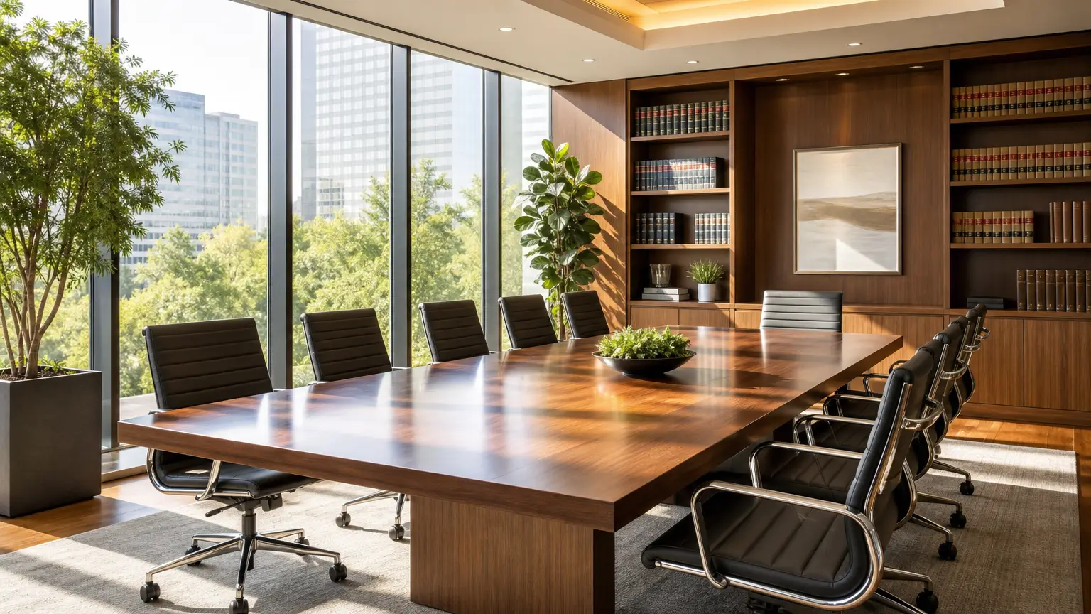 modern law office conference room with polished wood table and leather chairs, bright and inviting space for civil law attorney services