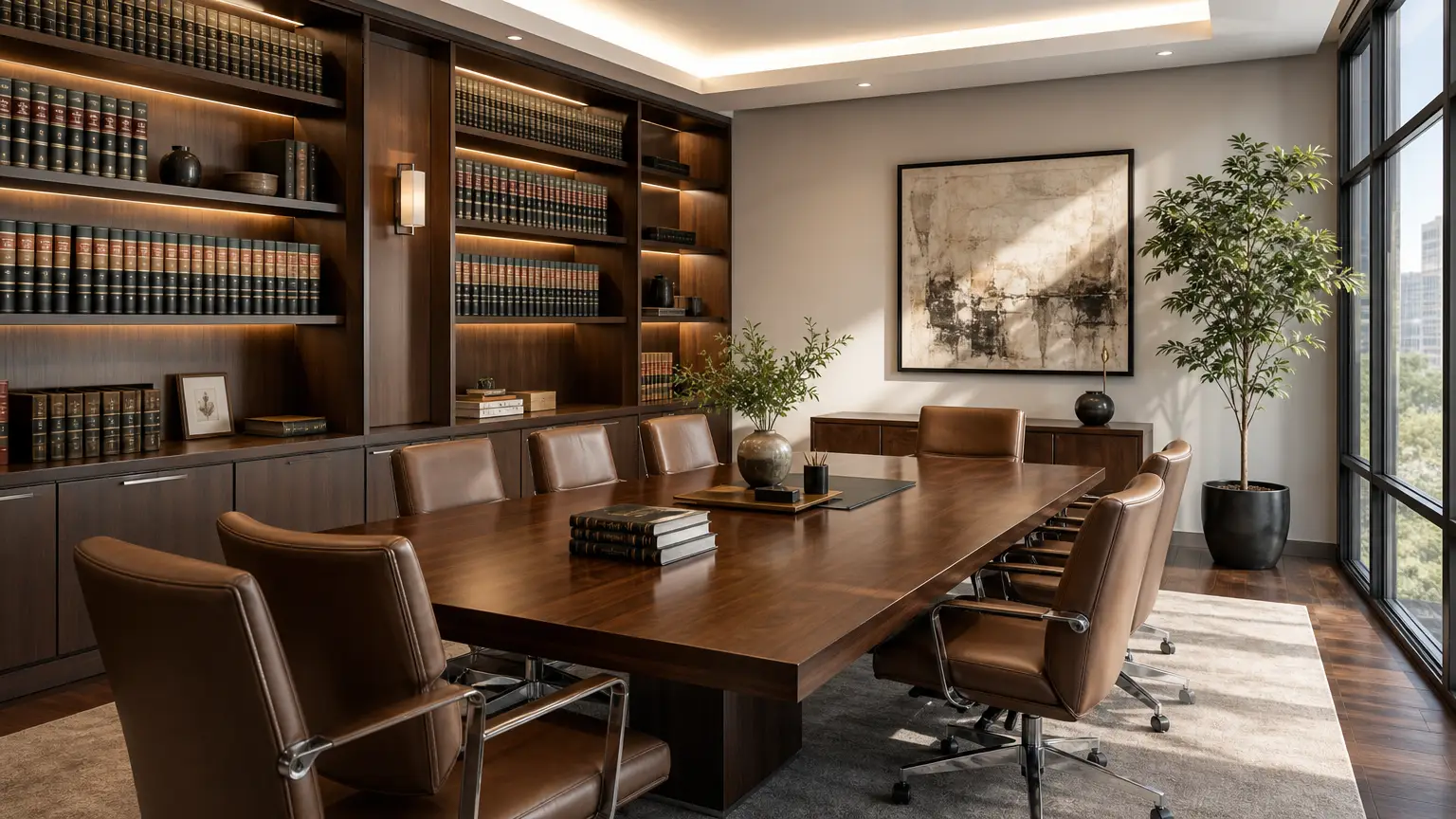 Sophisticated law office conference room with a polished wooden table, legal books, and warm lighting, representing criminal defense legal services