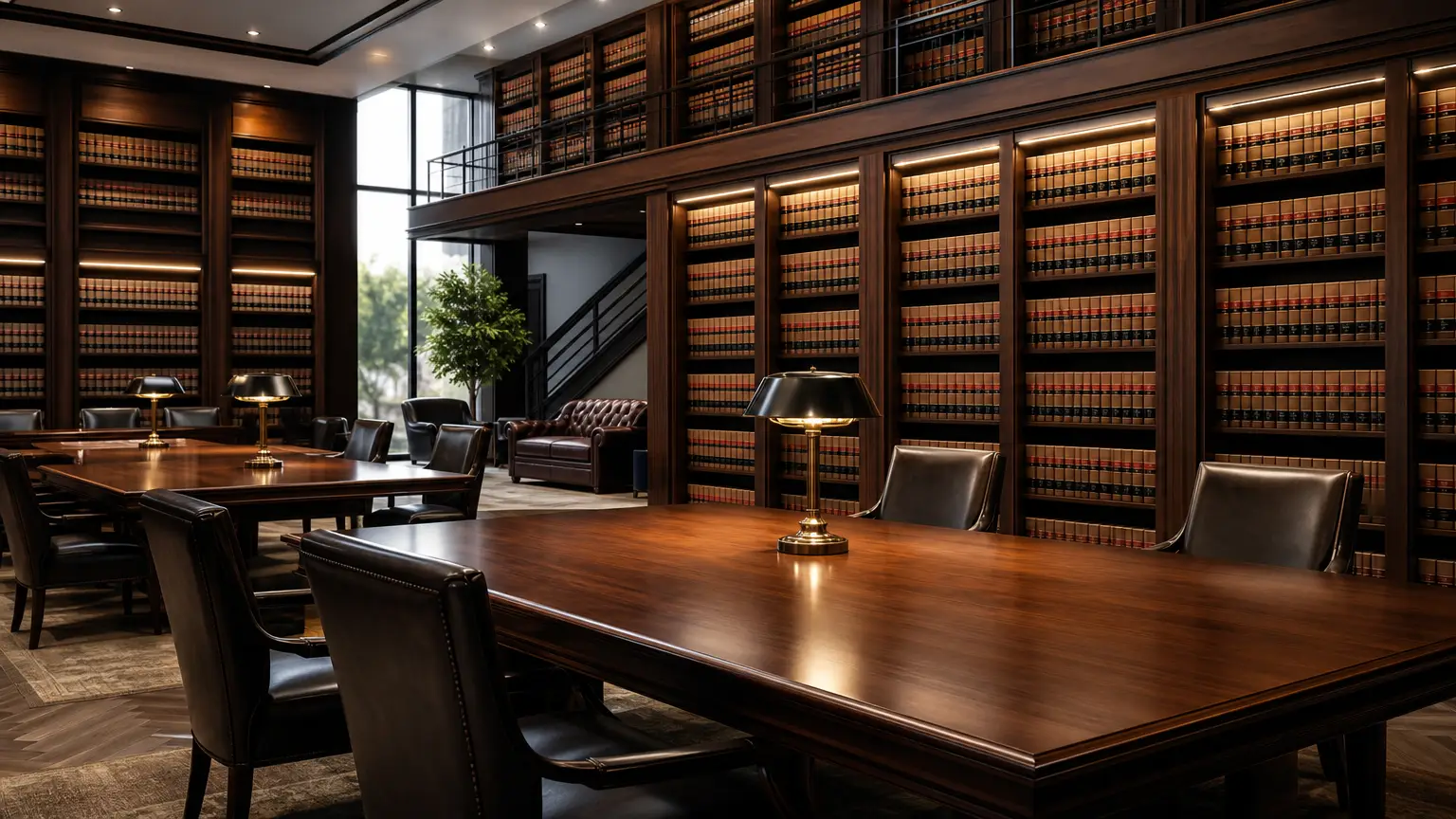 modern law library interior with polished wooden tables and leather chairs for DUI legal services