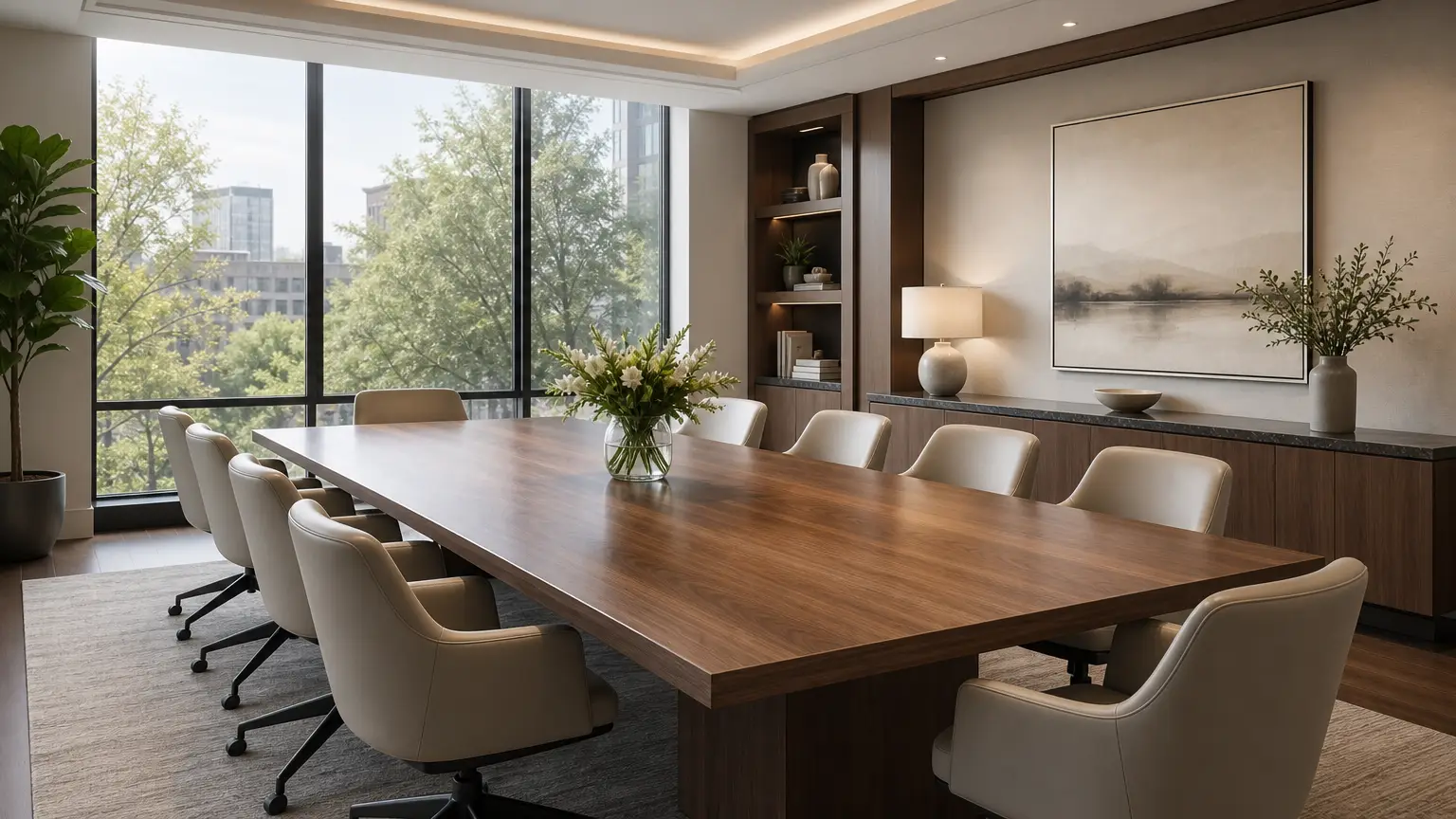Modern law office conference room with large wooden table and natural light, ideal for divorce and family law consultations