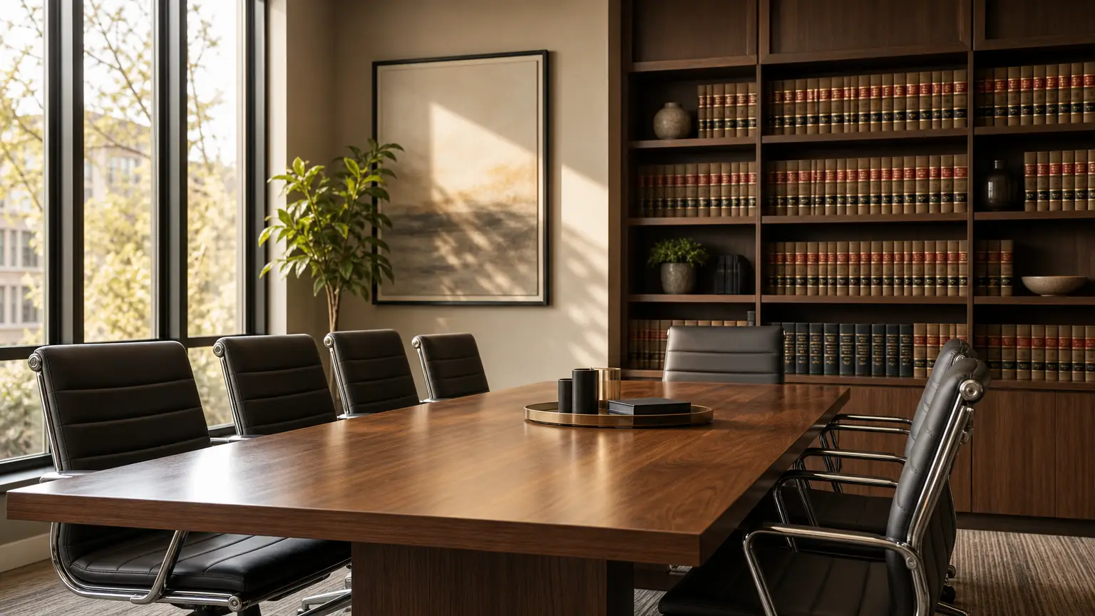 modern law office conference room with legal books for drug charges attorney services