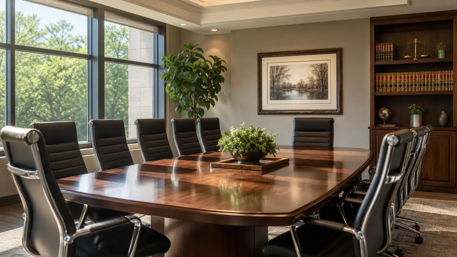 Modern law office conference room with polished wood table and soft natural lighting for personal injury attorney legal services