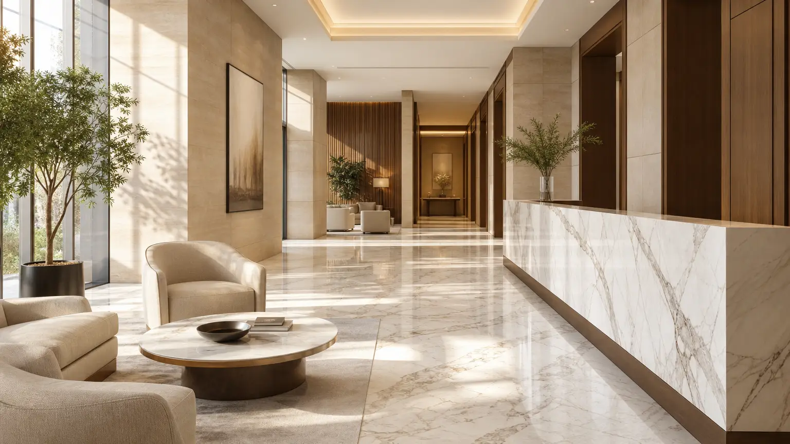 modern law firm lobby with marble flooring and comfortable seating for slip and fall injury attorney services