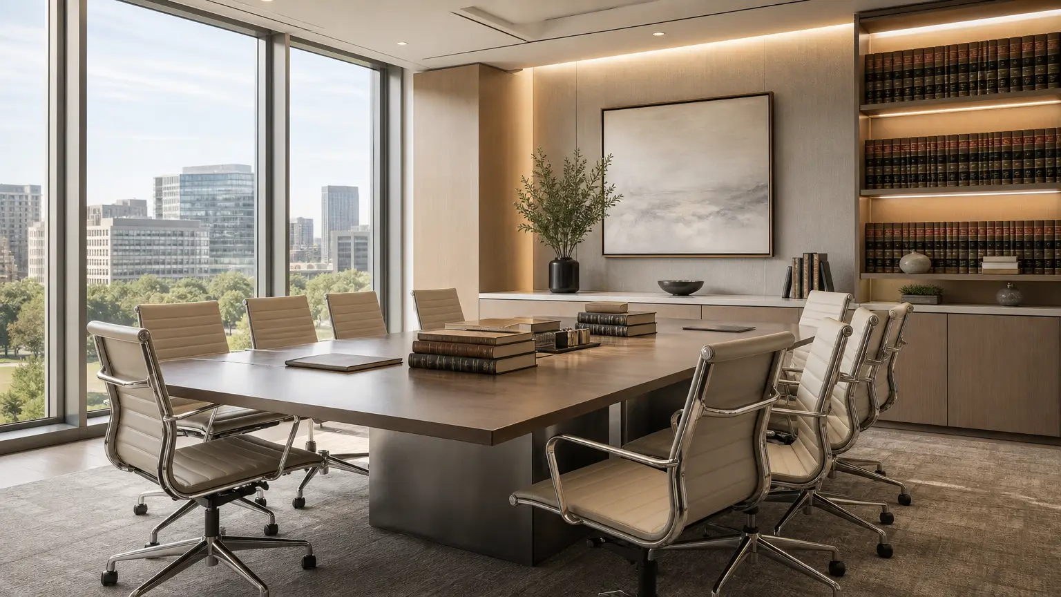 Conference room in a modern law office with legal books on the table, highlighting a professional setting for truck accident attorney services